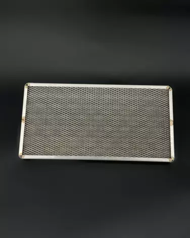 Crimped frames with expanded metal reinforcing and filter elements made from wire weave