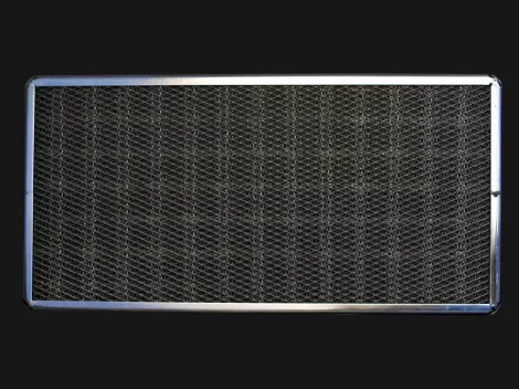 Crimped frames with expanded metal reinforcing and filter elements made from wire weave